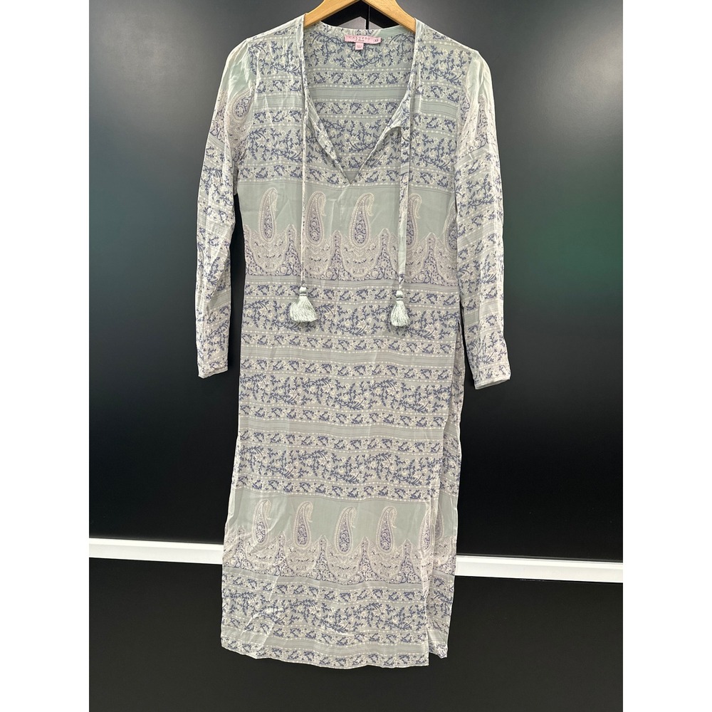 Calypso St Barth Silk Paisley Tassel Tunic Midi Dress Blue Grey XS